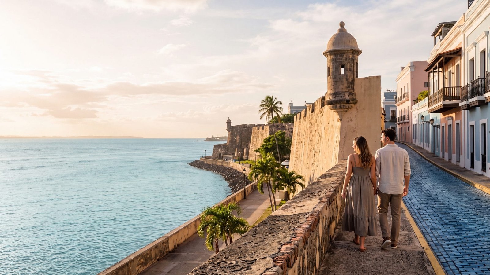 A couple walking the sea wall promenade below the old city walls with a sentry box above — Puerto Rico
