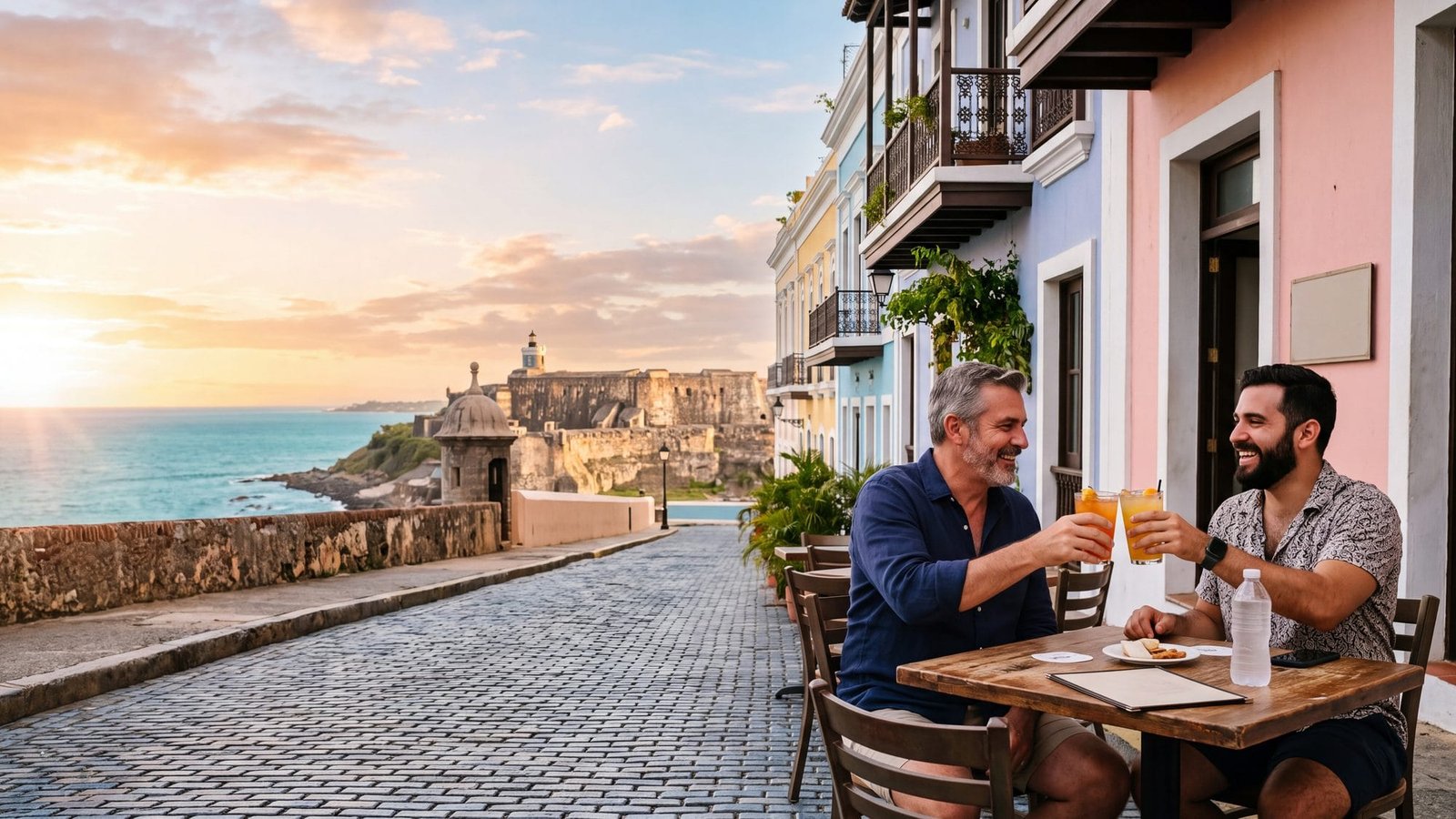 Two men toasting with cocktails at a cafe table on a pastel street at golden hour — Puerto Rico