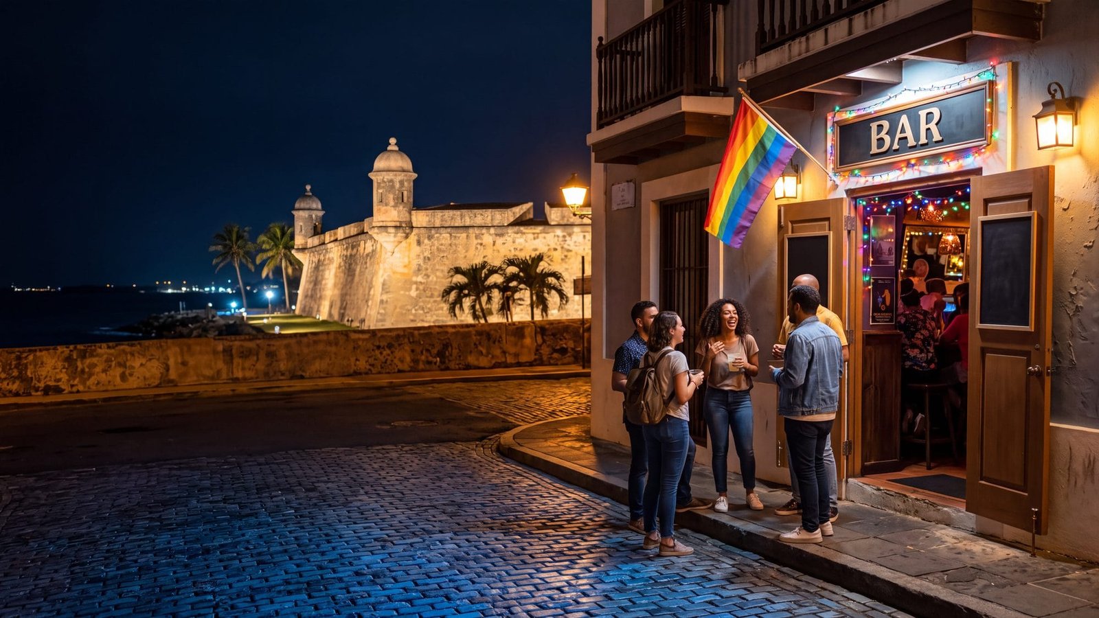 A lively bar doorway on a cobbled street at night with a small rainbow flag and string lights, friends chatting outside — Puerto Rico