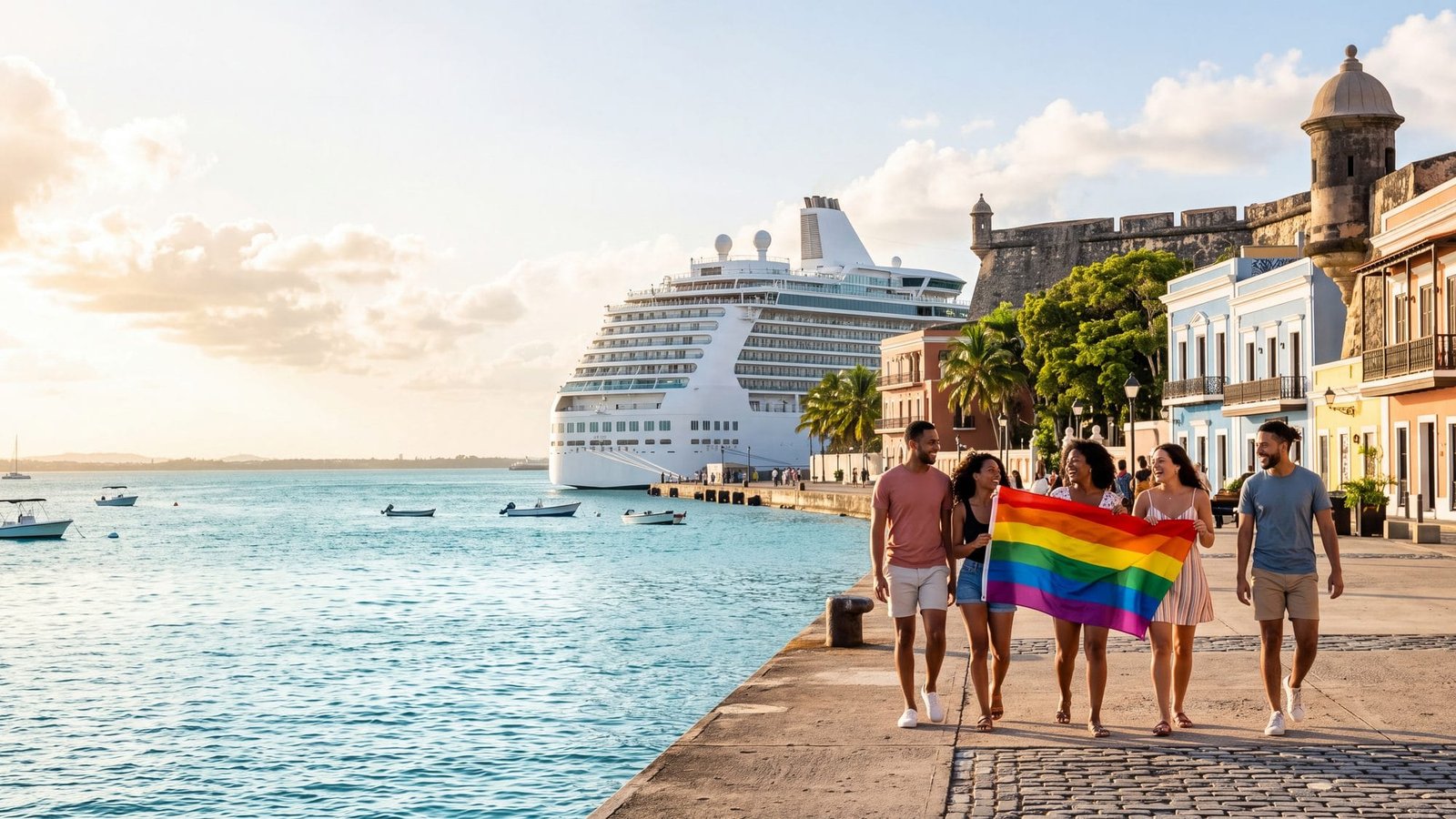 A cruise ship docked at the old-town cruise pier, a group of friends on the pier with a rainbow flag — Puerto Rico