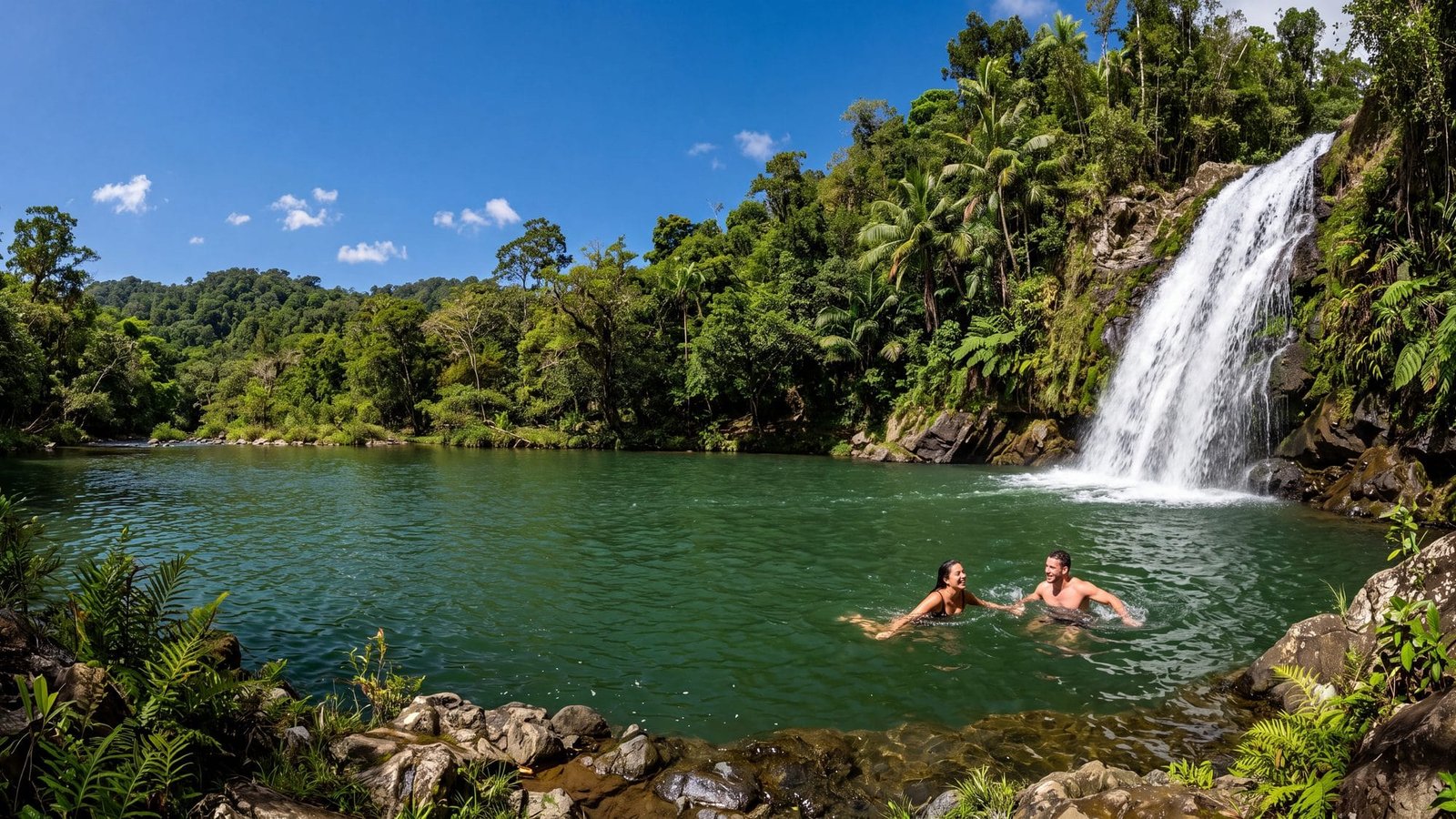A wide waterfall pouring into a green pool with a couple swimming in the sun — Puerto Rico