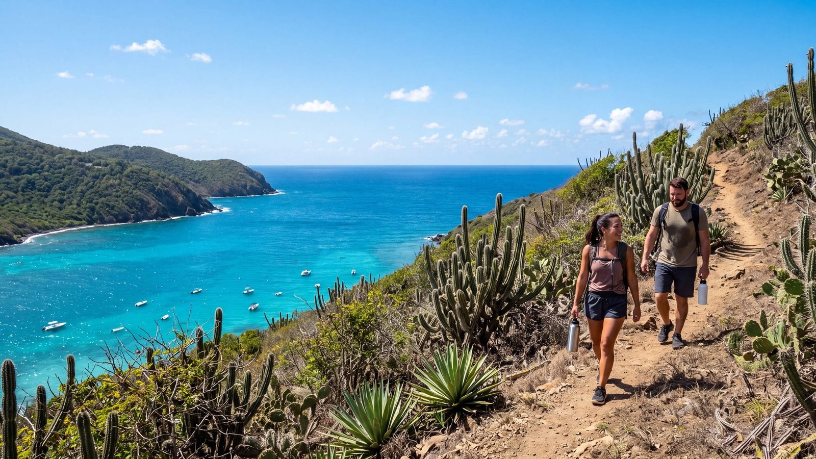 A dry hillside trail through cactus and scrub overlooking a turquoise bay, a couple hiking with water bottles — Puerto Rico