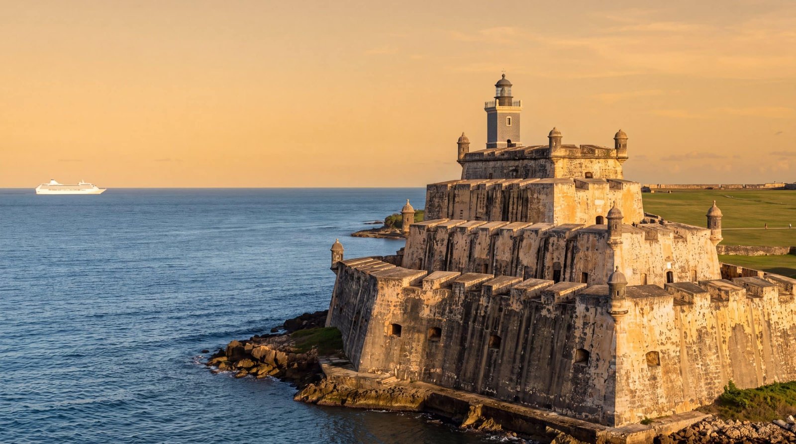 Castillo San Felipe del Morro on the point at Old San Juan, its tiered stone walls and sentry boxes above the Atlantic, with a cruise ship on the horizon heading for the harbor entrance — Puerto Rico