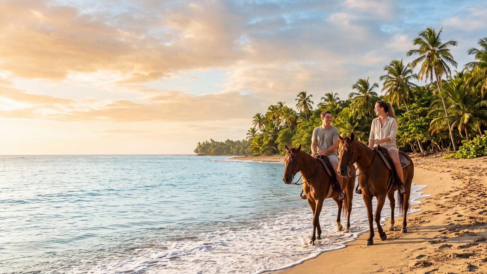 A couple riding two bay horses at a walk along a palm-lined tropical beach — Puerto Rico