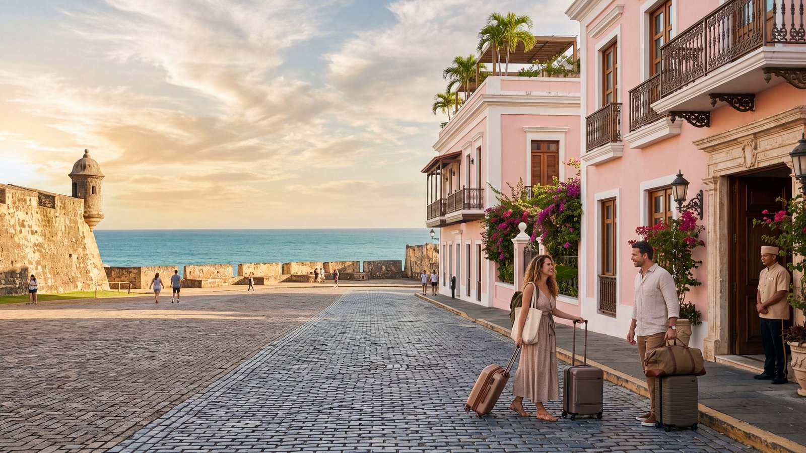 A pastel colonial hotel facade with a rooftop terrace and palms, a couple with luggage at its door — Puerto Rico