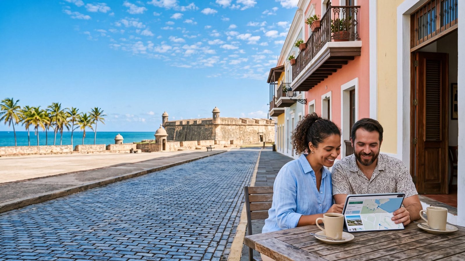 A couple at a cafe table looking at a tablet together with coffees, pastel walls behind — Puerto Rico