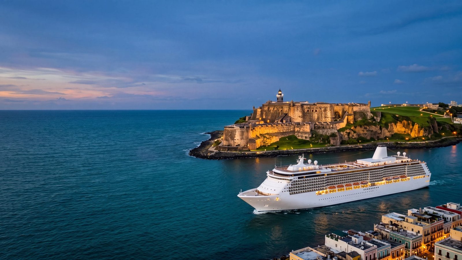 A cruise ship sailing into the bay past El Morro fort — Puerto Rico