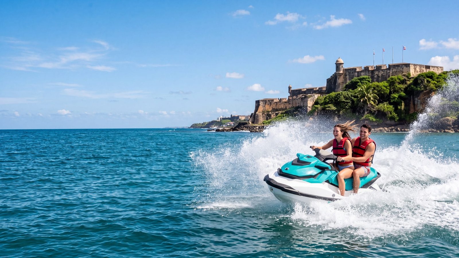 A couple on a jet ski throwing spray across a turquoise bay with the old fort on the headland behind — Puerto Rico