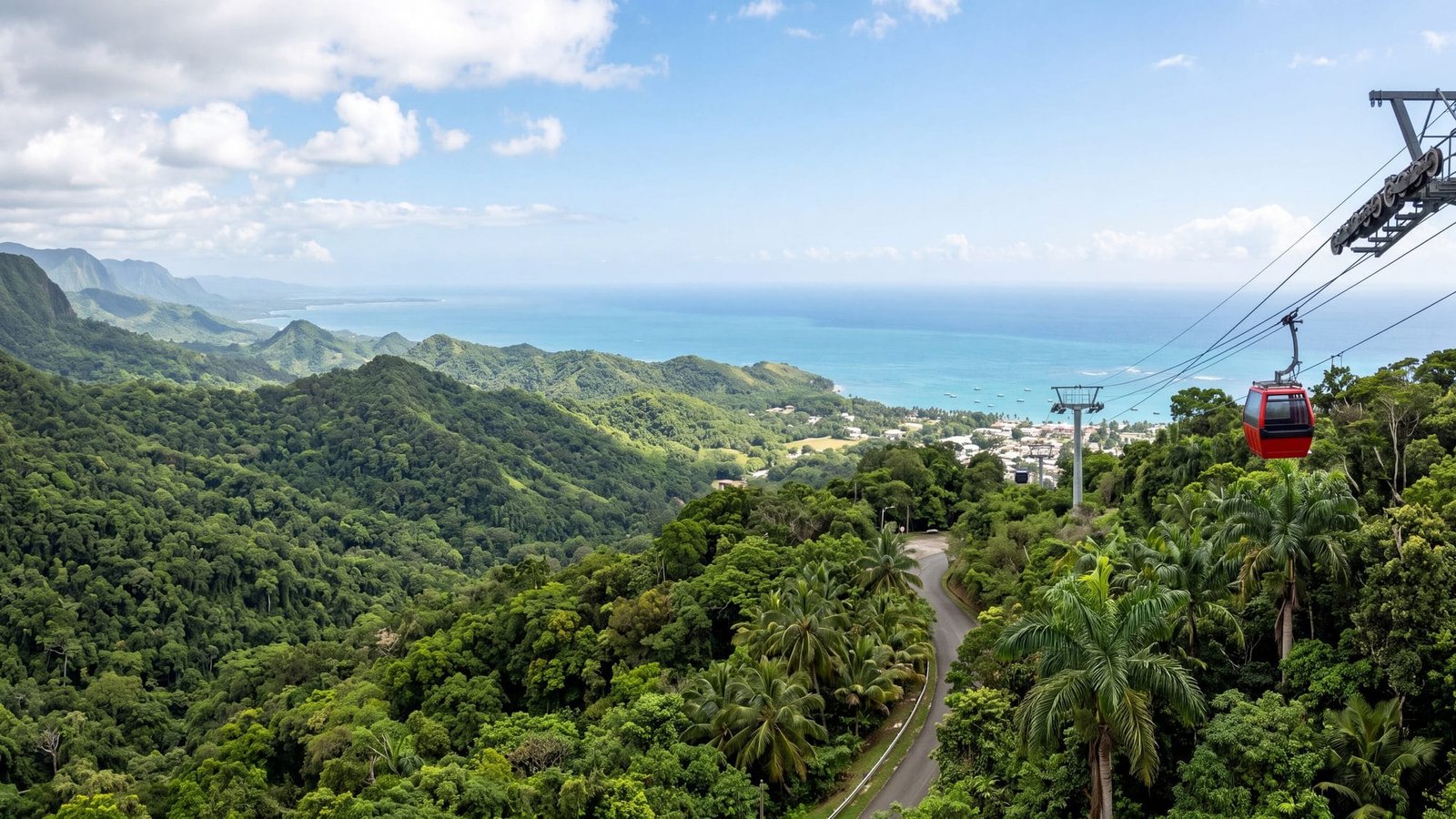 A small cable-car gondola rising over green forest canopy toward a hilltop with the sea beyond — Puerto Rico
