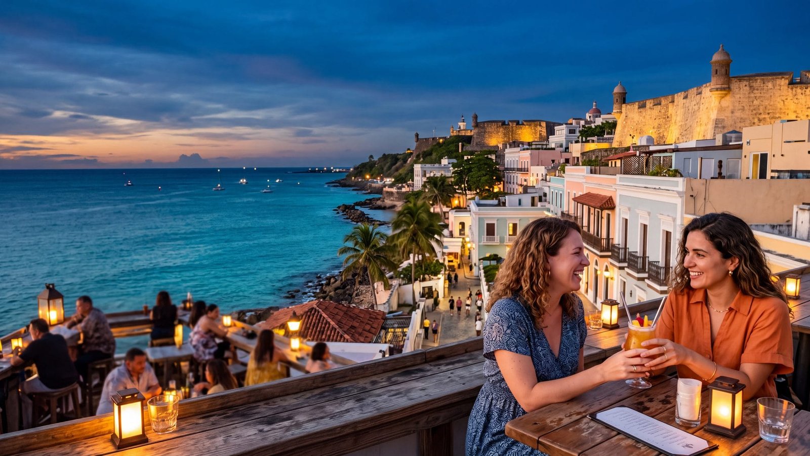 Two women sharing a cocktail at a rooftop bar at sunset with the old city rooftops and sea beyond — Puerto Rico