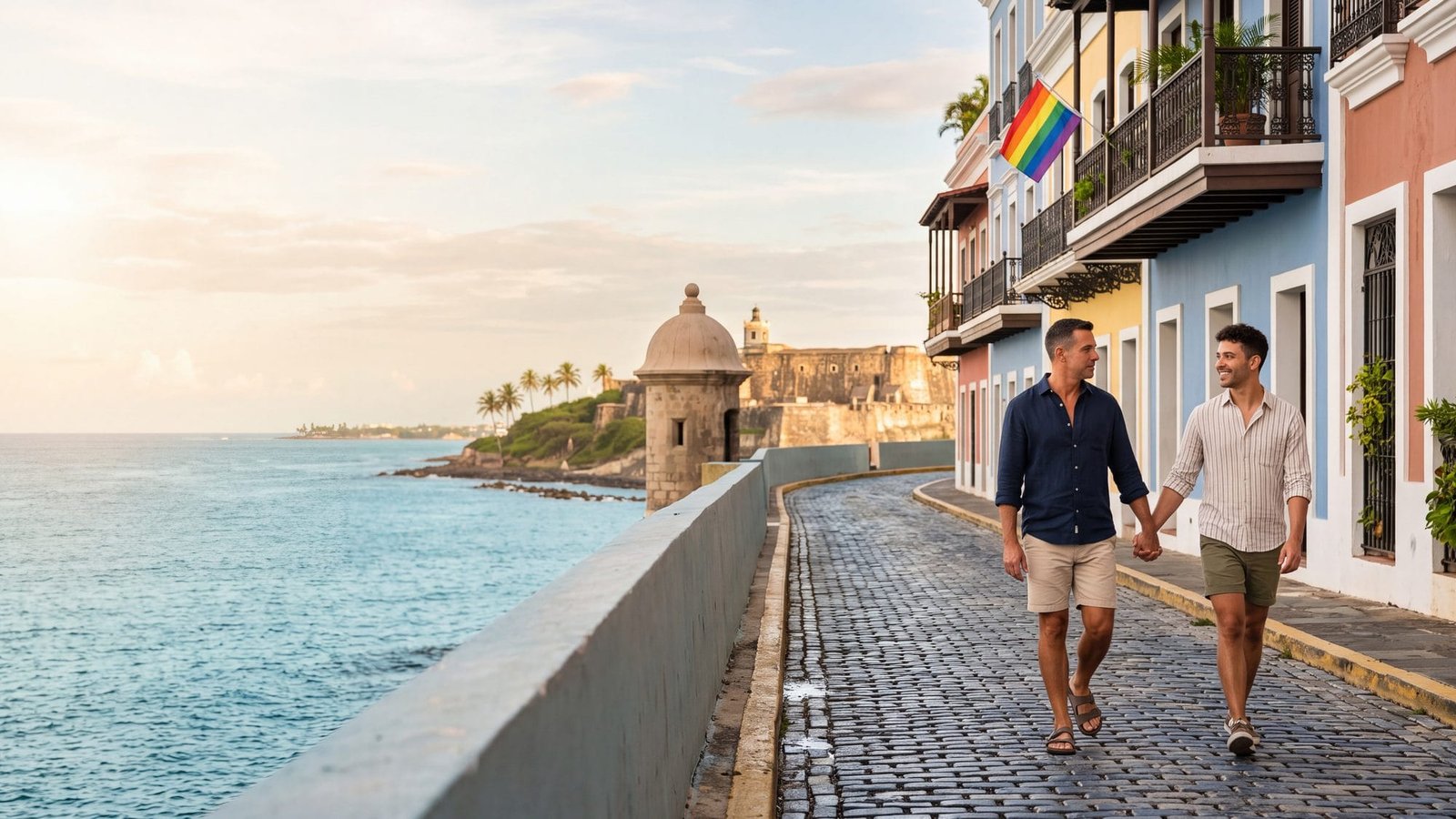 Two people holding hands walking along a pastel cobbled street with a small rainbow flag on a balcony — Puerto Rico