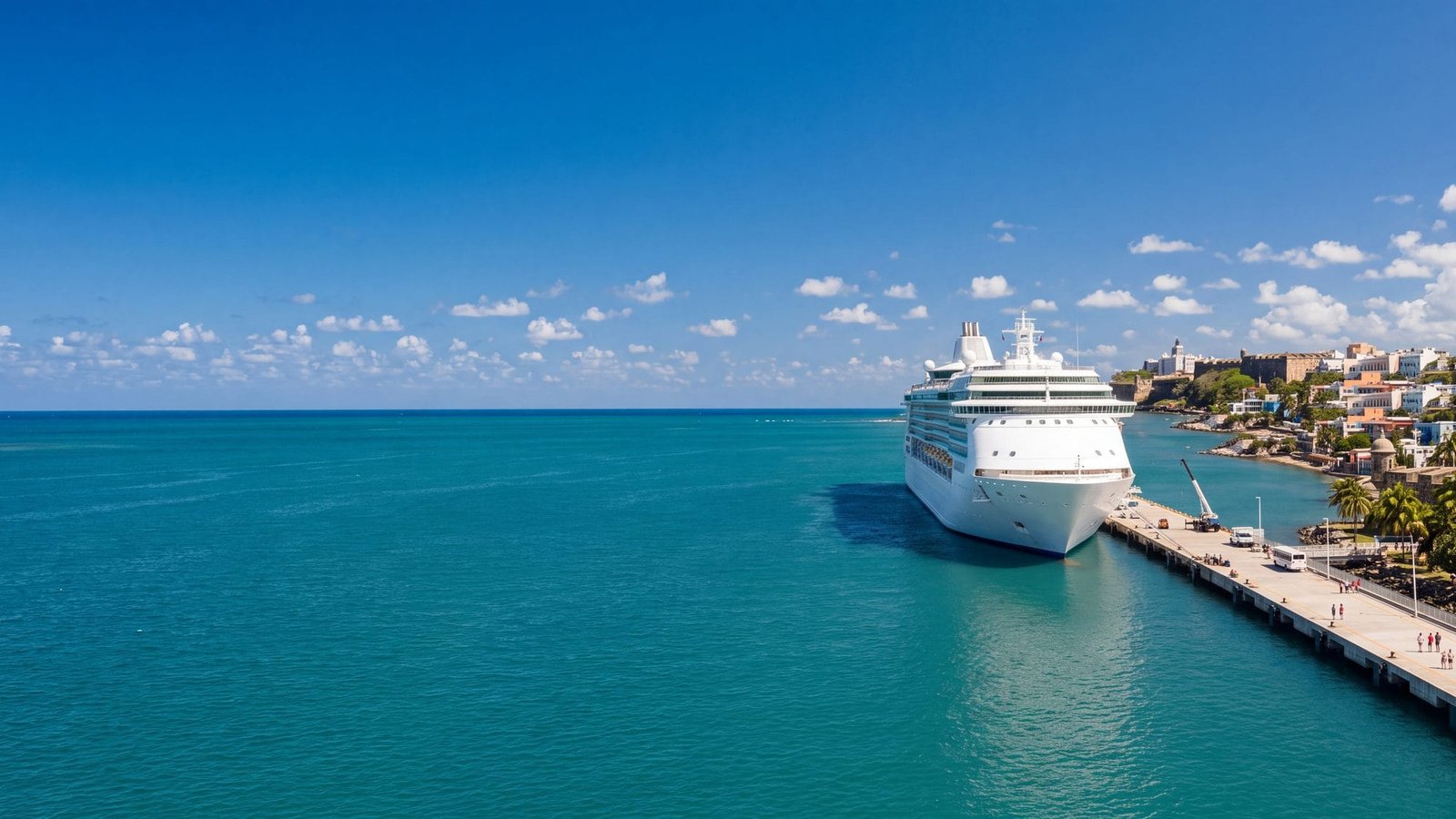A white cruise ship docked at a modern pier across the bay from the old walled city — Puerto Rico