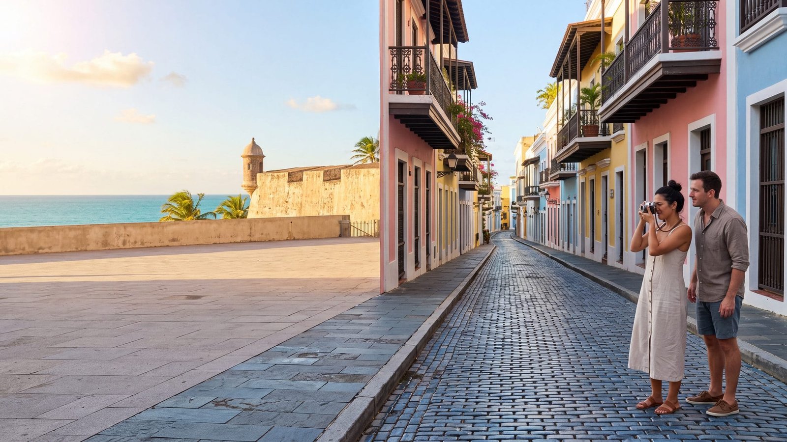 A pastel cobblestone street in Old San Juan, a couple photographing a blue-glazed street