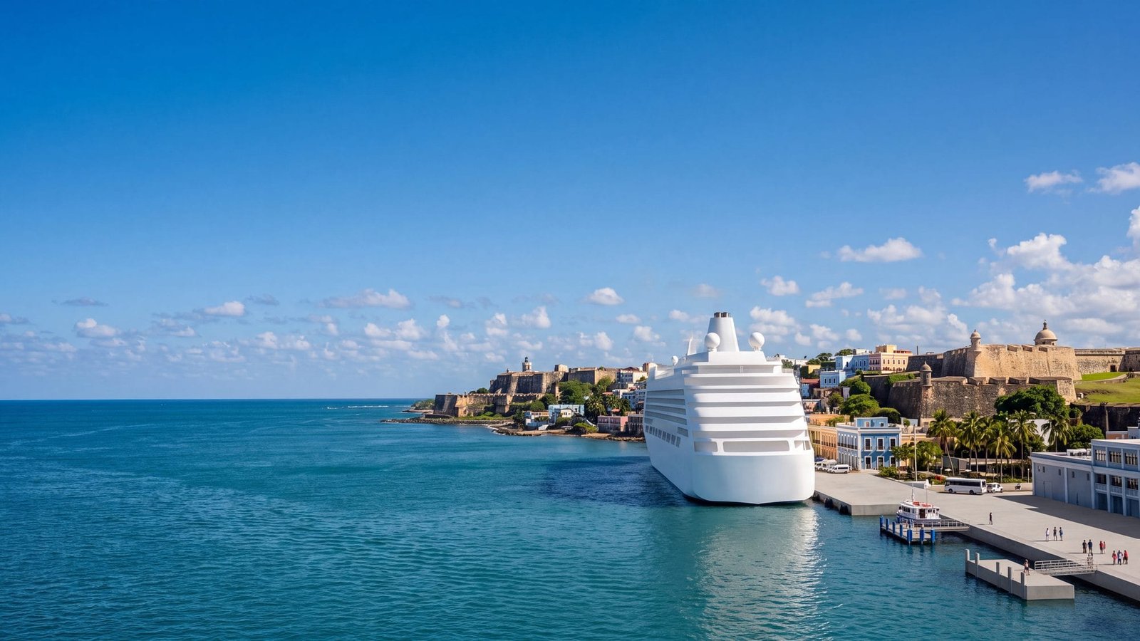 A very large white cruise ship docked at a modern pier across the bay — Puerto Rico