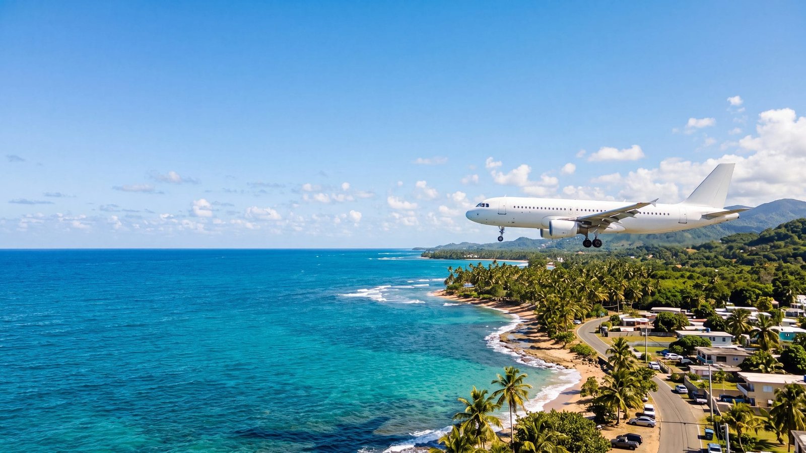 A white airliner with unmarked livery on final approach low over a turquoise coastline and palms — Puerto Rico
