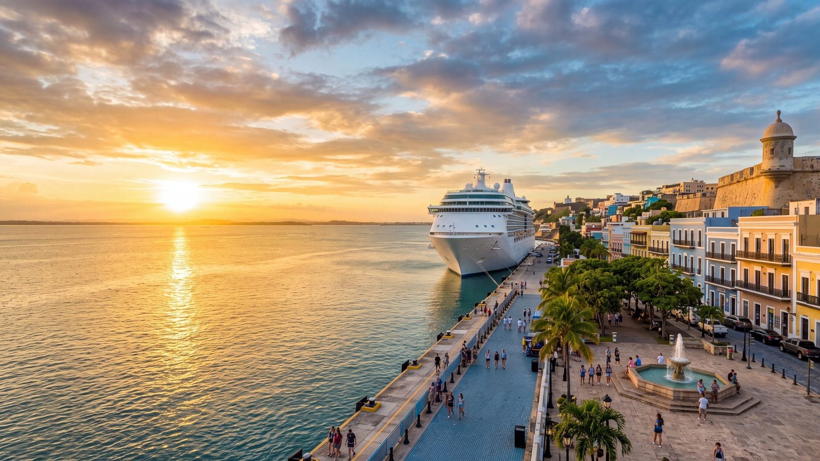 A cruise ship docked at the old-town cruise pier with a tree-lined plaza and pastel colonial buildings behind, seen from the waterfront promenade with a