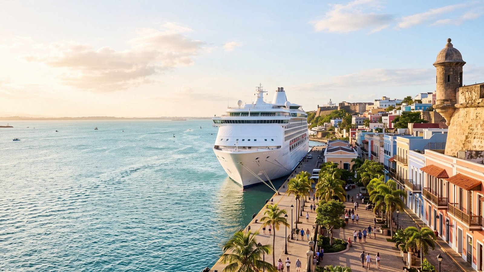 A cruise ship docked at the old-town cruise pier with a tree-lined plaza and pastel colonial buildings behind — Puerto Rico