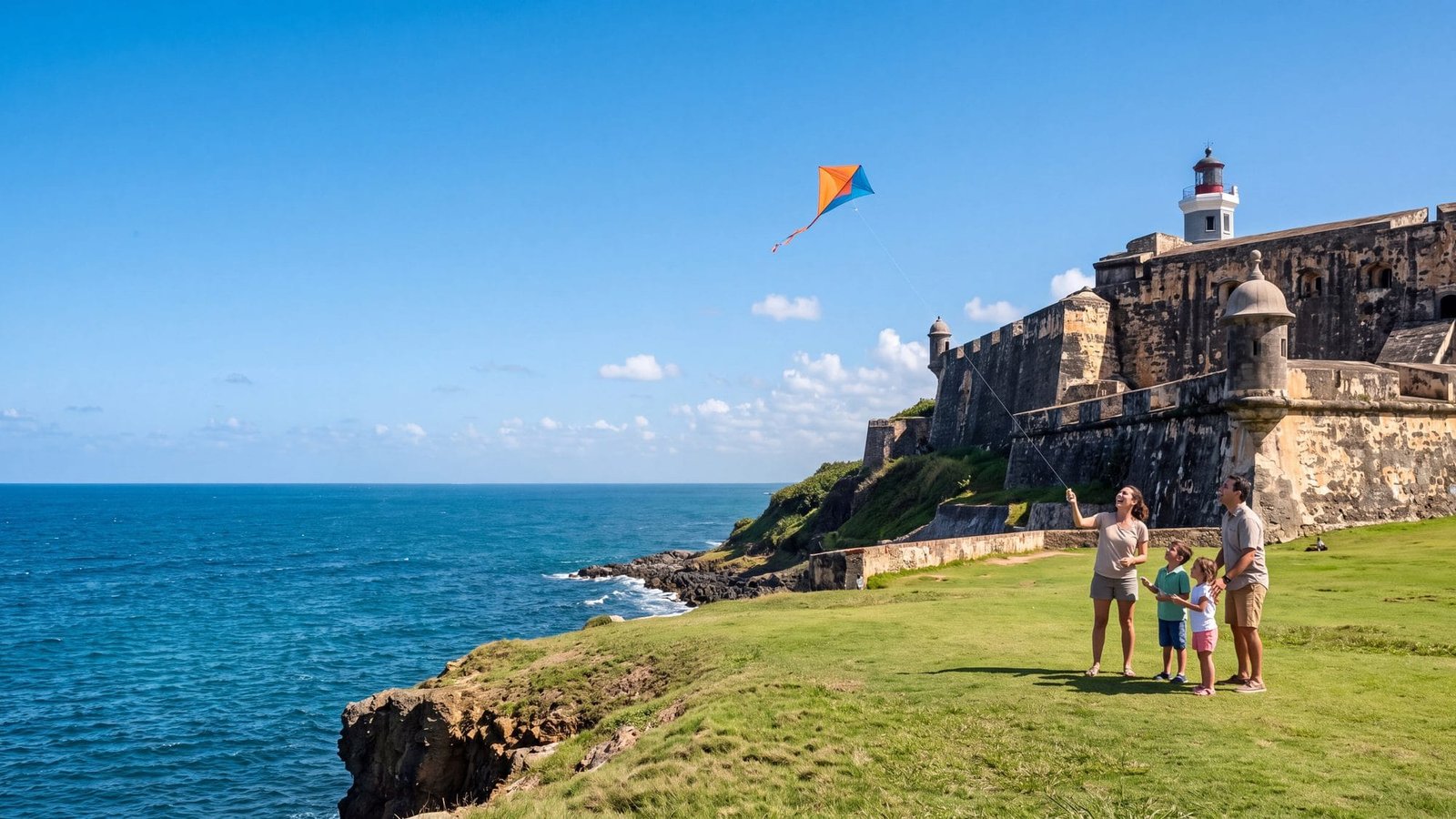El Morro fort, a family flying a kite on the lawn — Puerto Rico