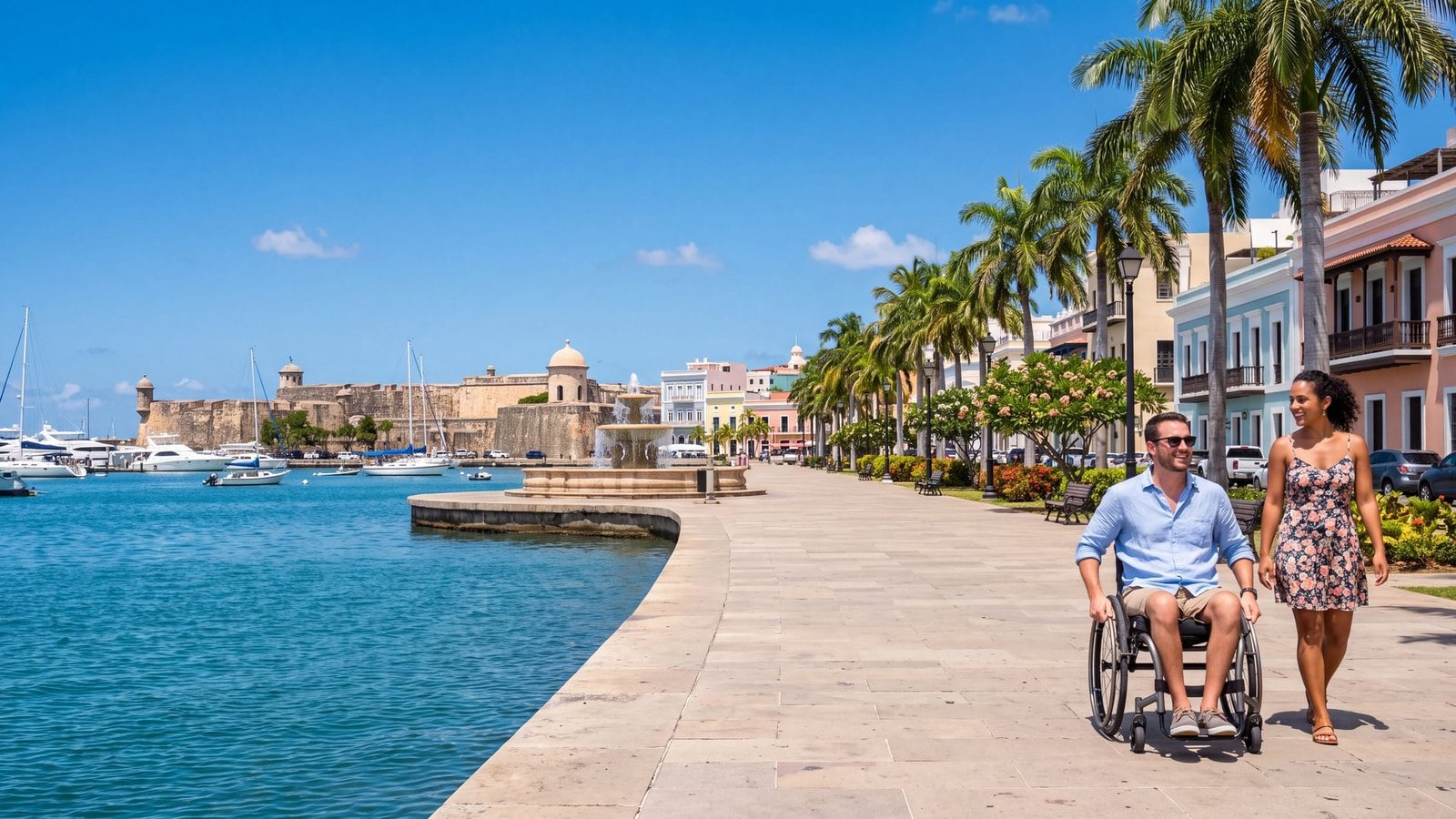 A man in a wheelchair with his partner on the smooth waterfront promenade with palms and a fountain — Puerto Rico
