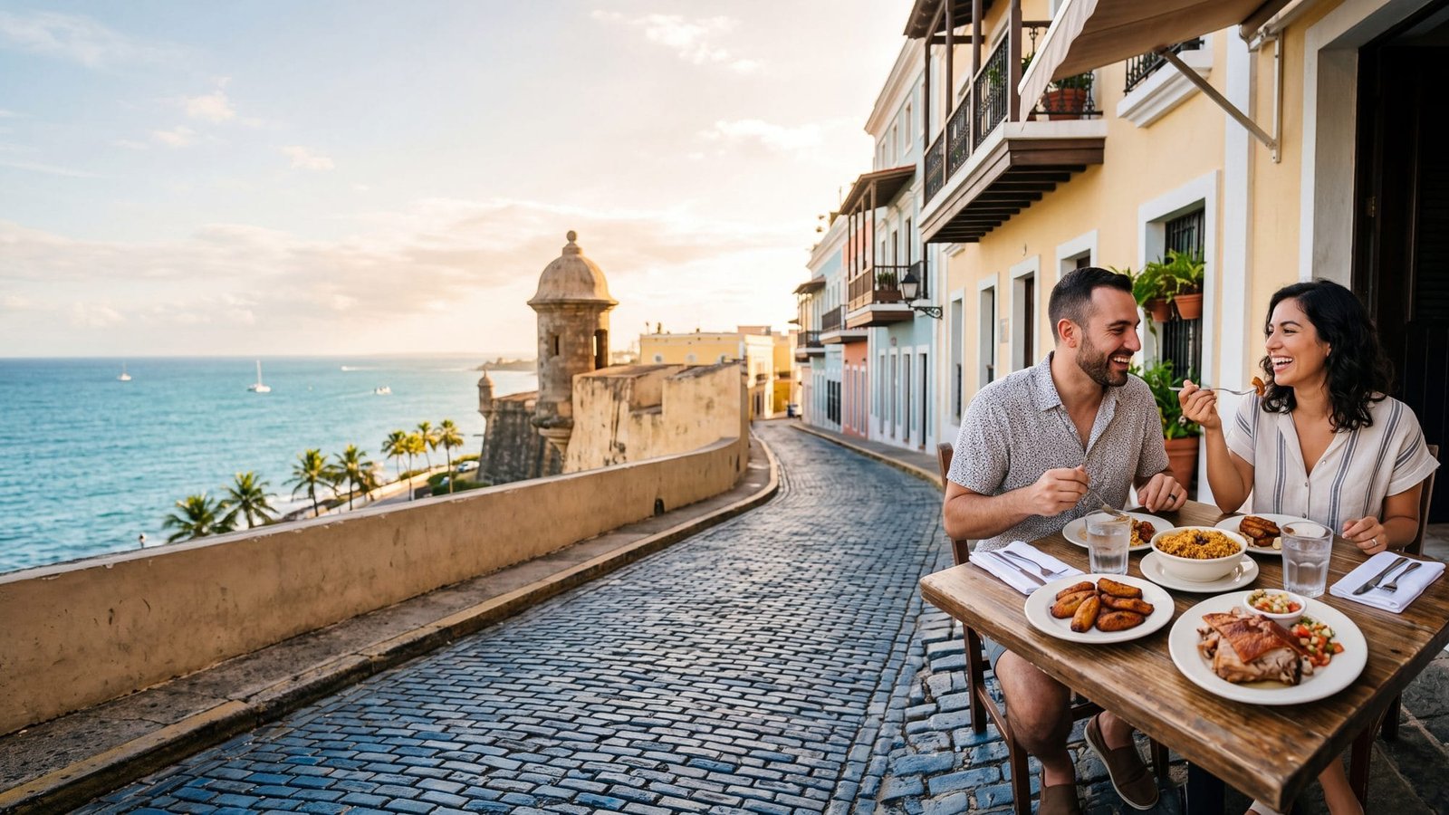 A cafe table on a cobbled street with plates of fried plantain, rice and beans and roast pork, a couple eating — Puerto Rico