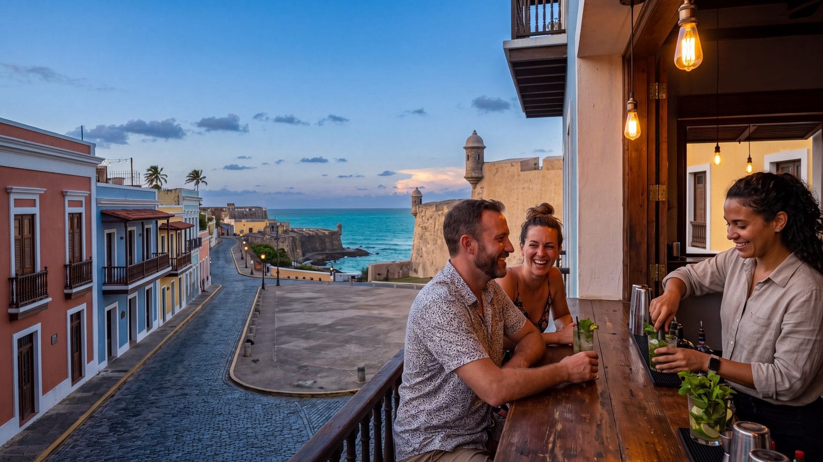 A bartender behind a wooden bar mixing a rum cocktail with fresh lime and mint for a smiling couple, warm lamps — Puerto Rico