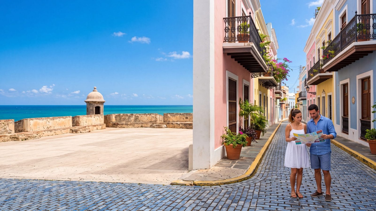 A pastel cobblestone street in Old San Juan, a couple with a paper map at a corner