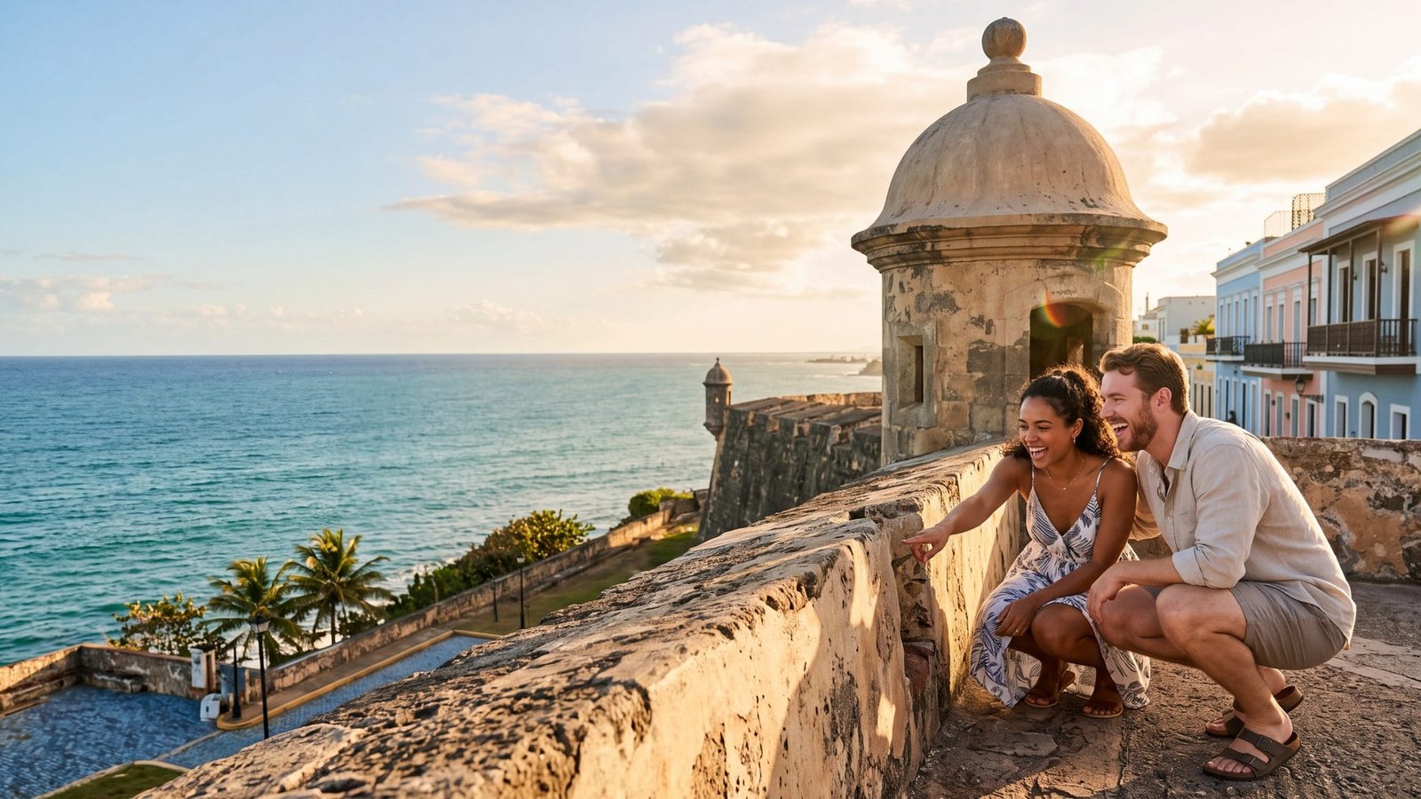 A young couple laughing as they hunt for a clue beside a domed stone sentry box on the city wall — Puerto Rico