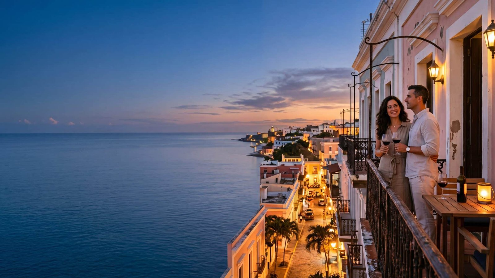 A couple on a colonial hotel balcony at dusk with a glass of wine, pastel rooftops and the sea beyond — Puerto Rico