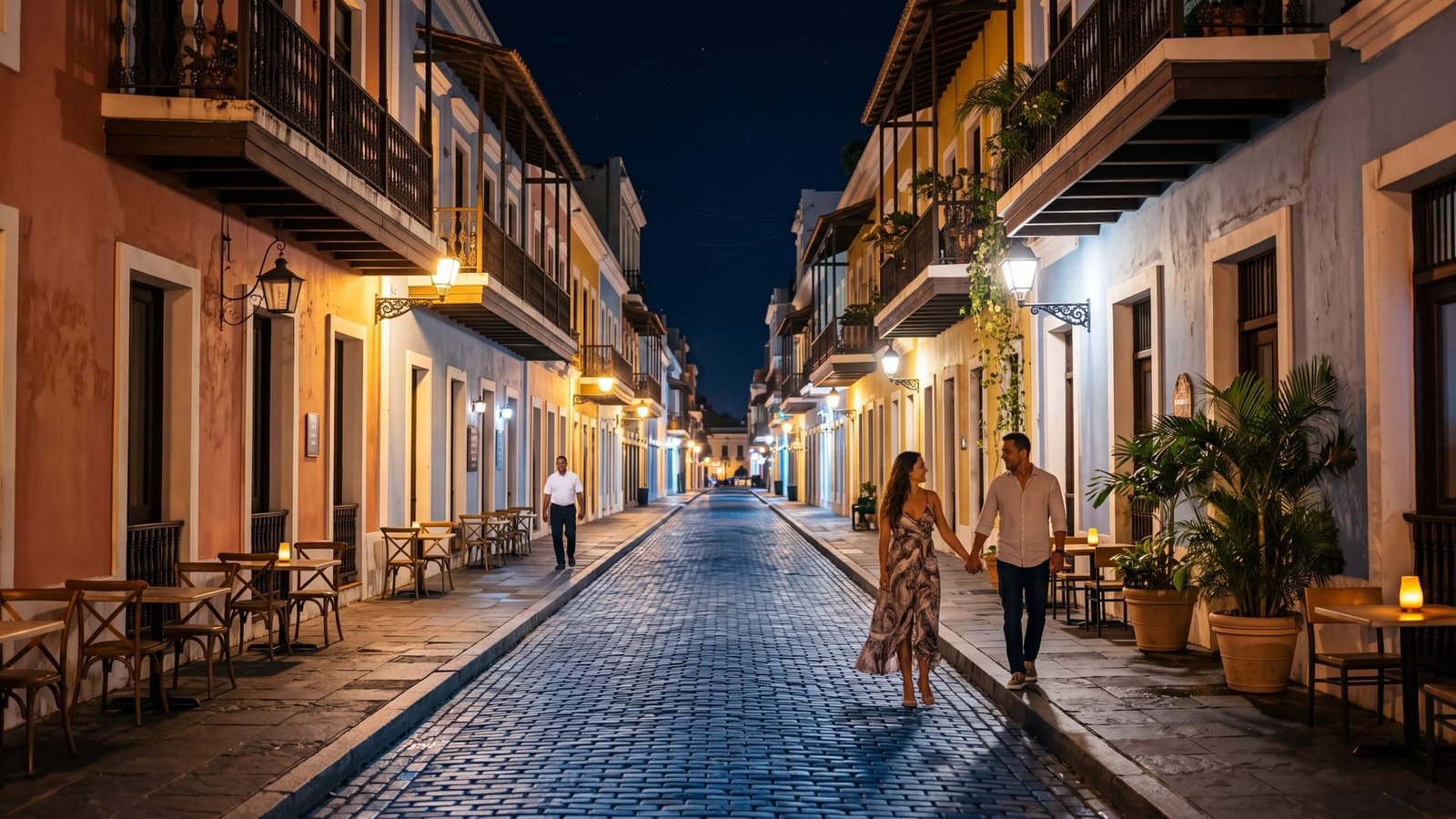 A cobbled colonial street at night with warm street lamps, cafe tables and a couple strolling hand in hand — Puerto Rico