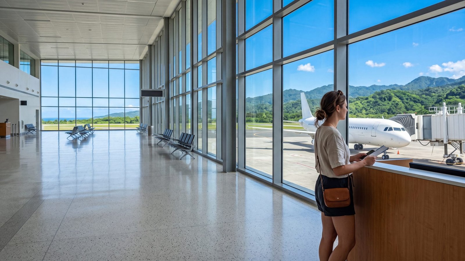 A woman with a small crossbody bag and sunglasses waiting at a boarding gate with a view of a white airliner outside — Puerto Rico