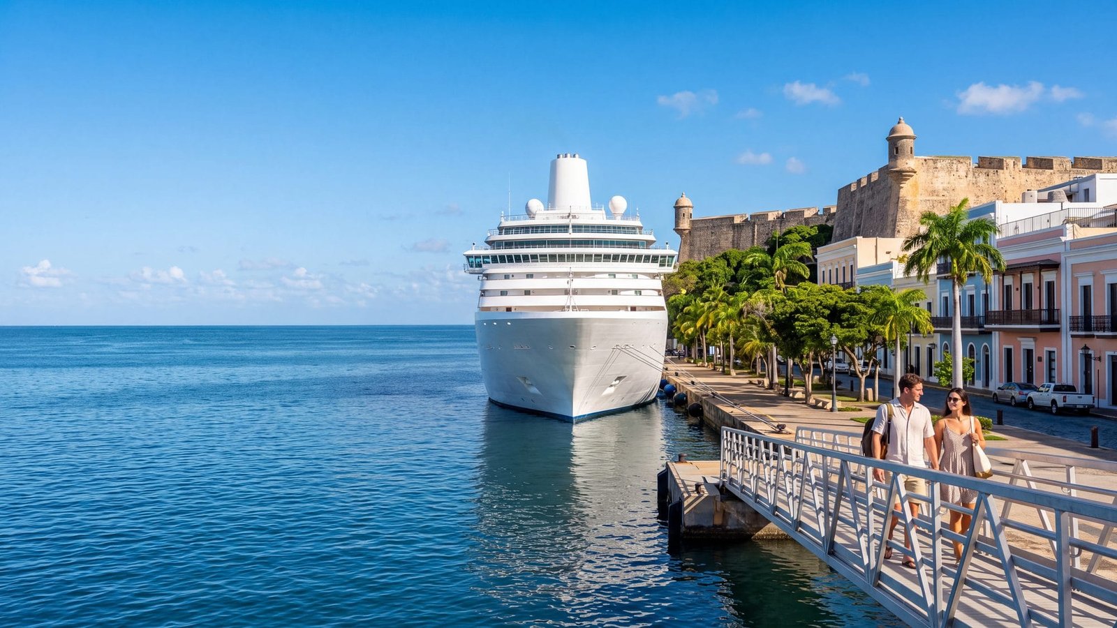 A cruise ship docked at the old-town cruise pier with a tree-lined plaza and pastel colonial buildings behind, a couple with day bags stepping off the