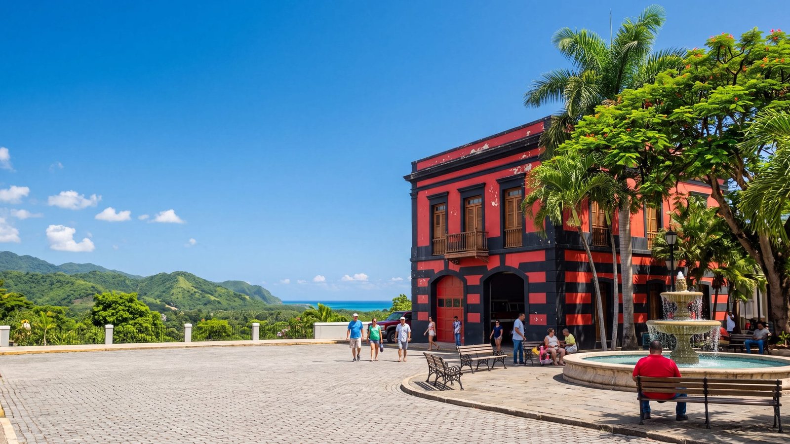 An old firehouse painted in bold red and black stripes on a tree-lined town square with a fountain — Puerto Rico