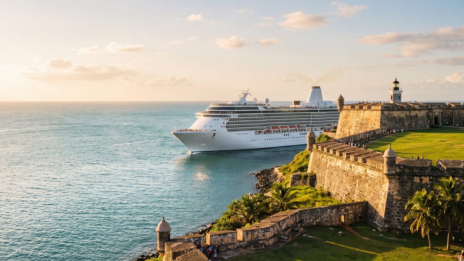 A cruise ship sailing into the bay past El Morro fort, in the late afternoon — Puerto Rico