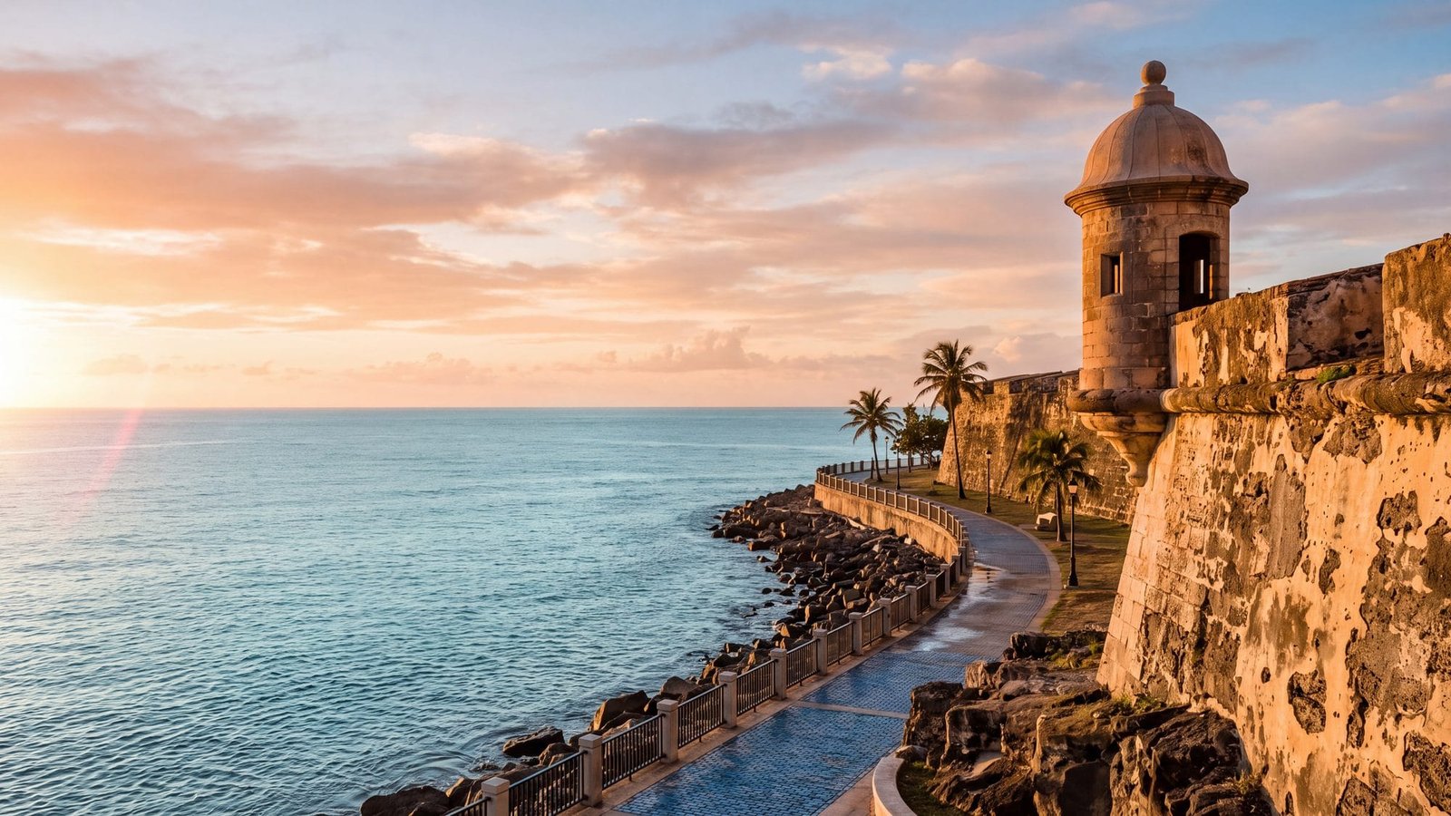 The sea wall promenade at dawn with the old city walls and a garita sentry box, empty and calm — Puerto Rico