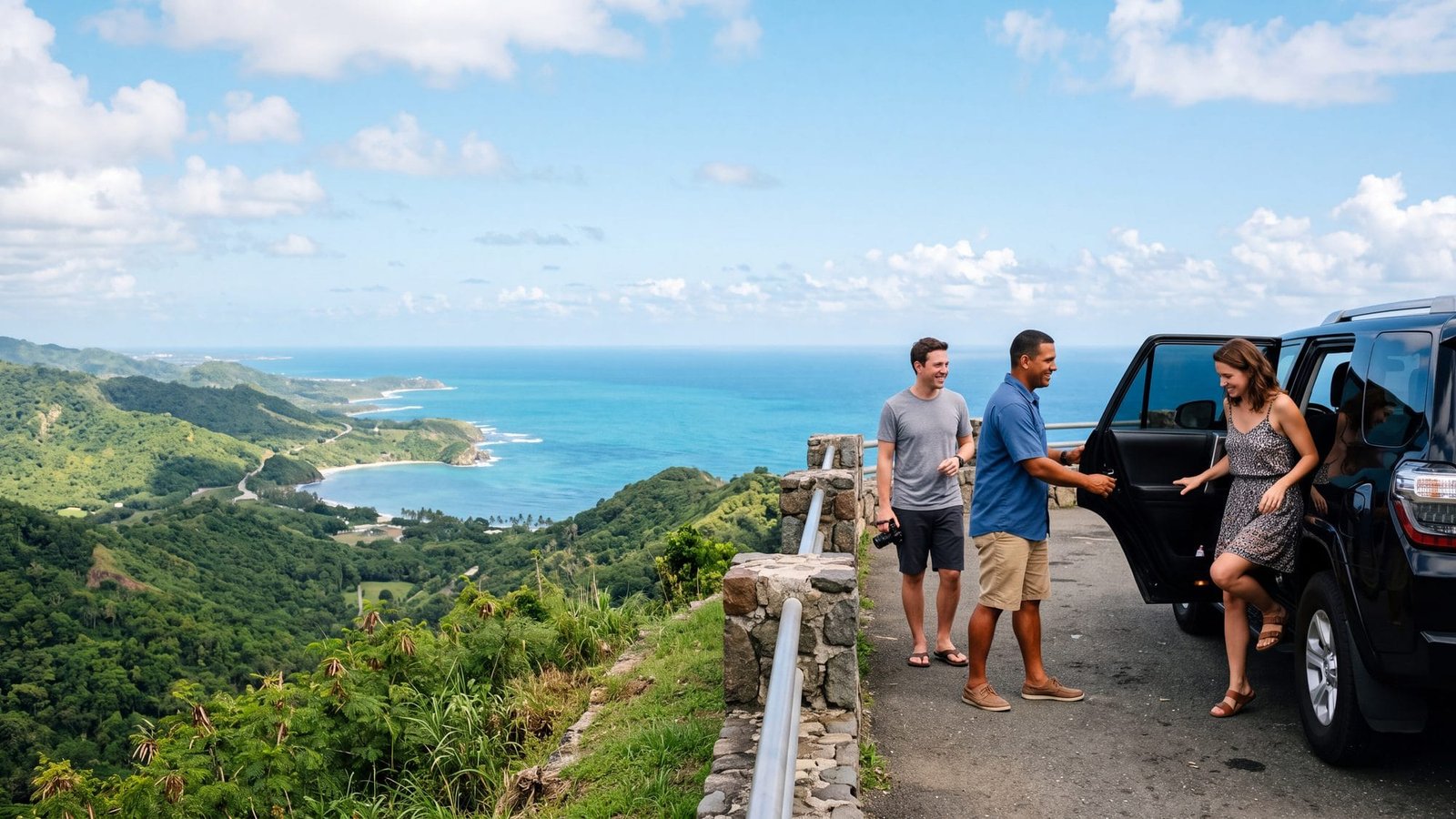 A black SUV with its door open at a scenic overlook above a green valley and sea, a driver helping a couple out — Puerto Rico