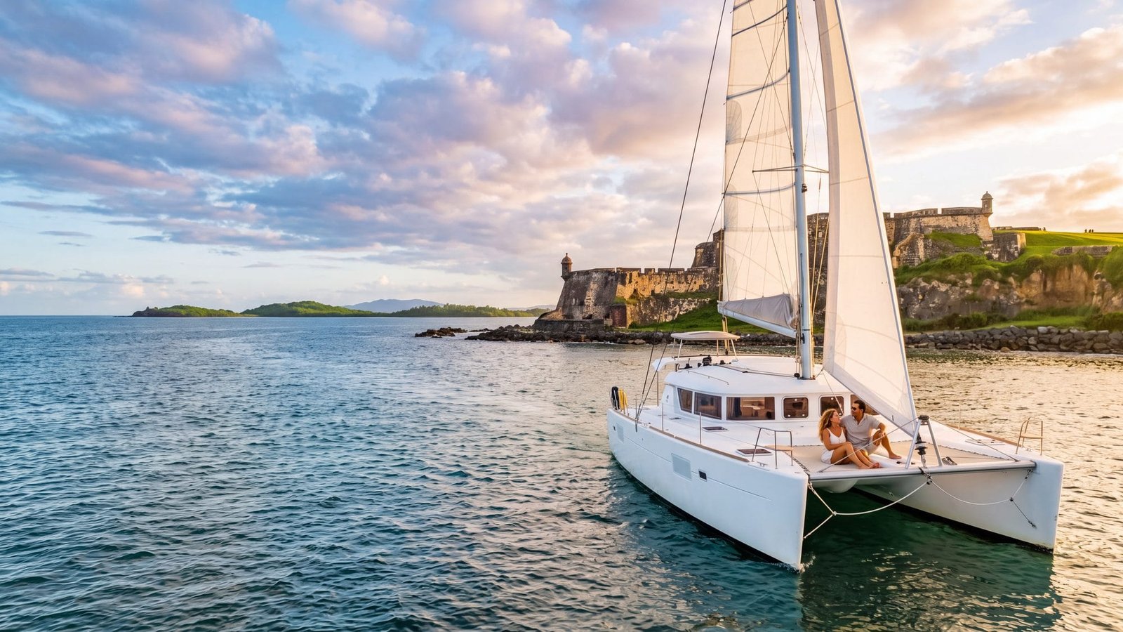 A sailing catamaran with white sails heeling gently off the old fort headland, a couple on the bow — Puerto Rico