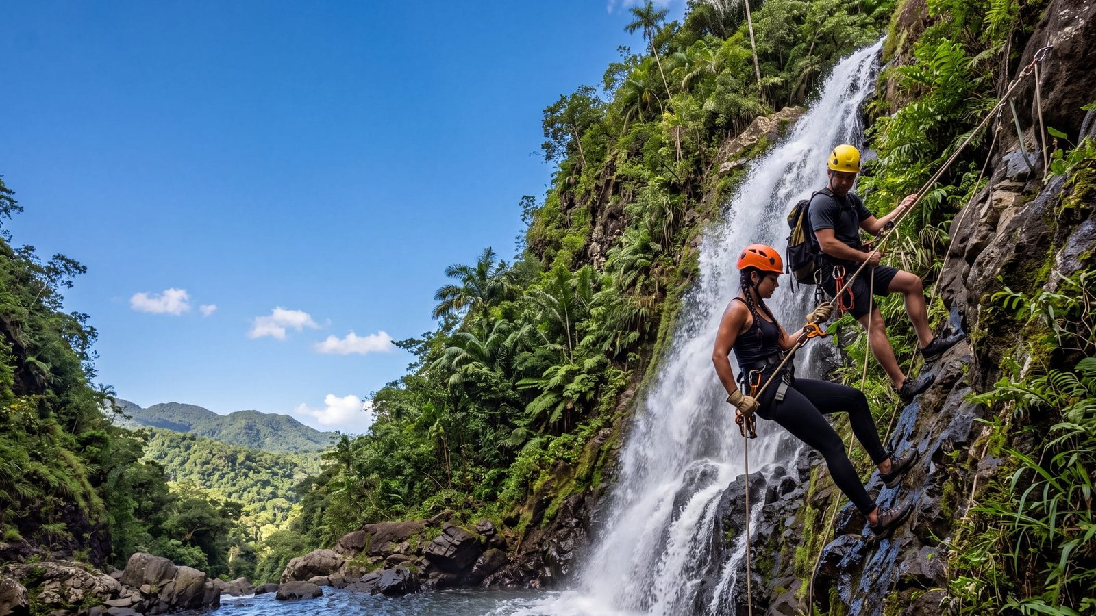 A couple in helmets rappelling beside a waterfall in a green gorge — Puerto Rico