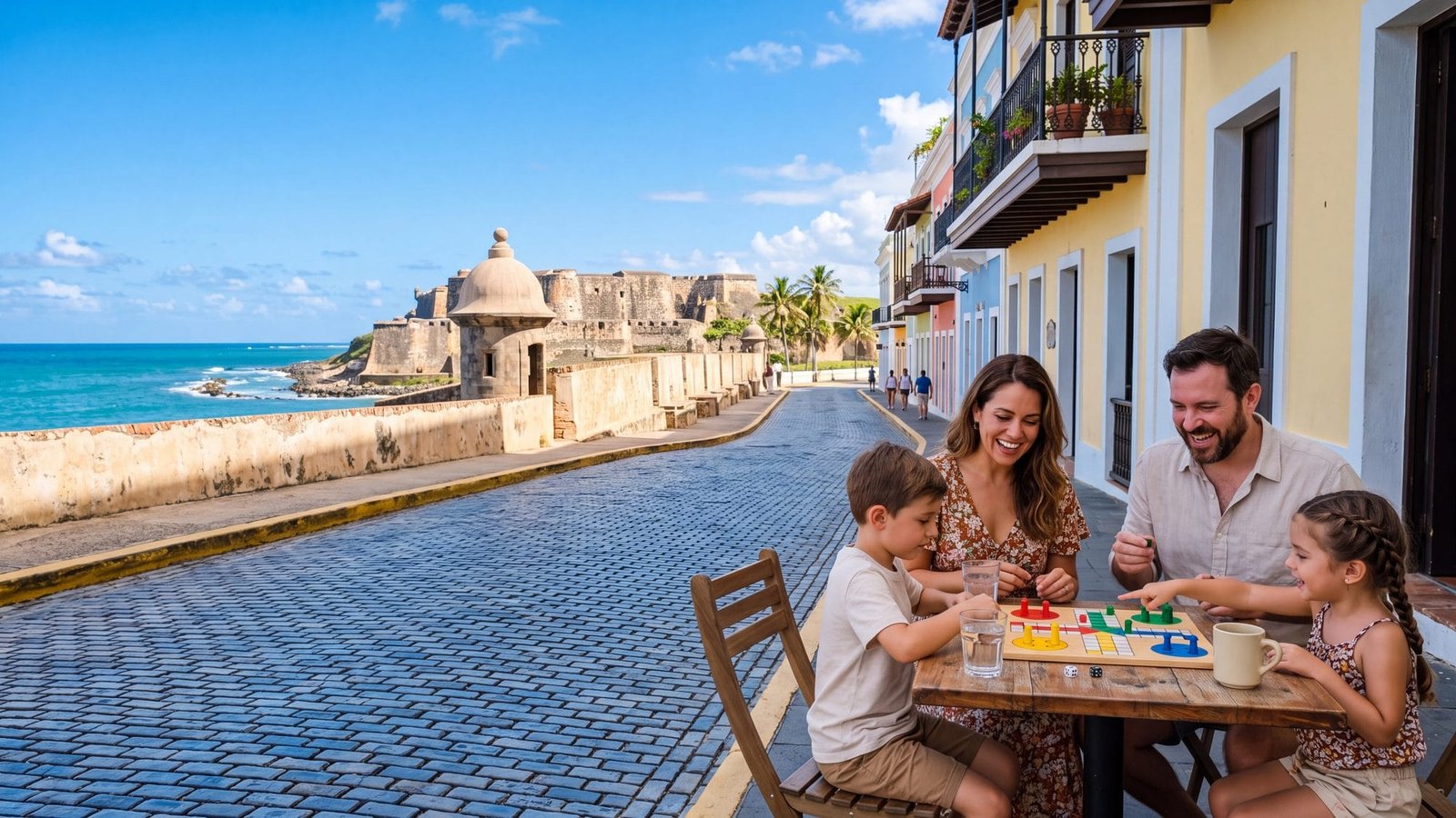 A family at a cafe table on a cobbled street playing a game together — Puerto Rico