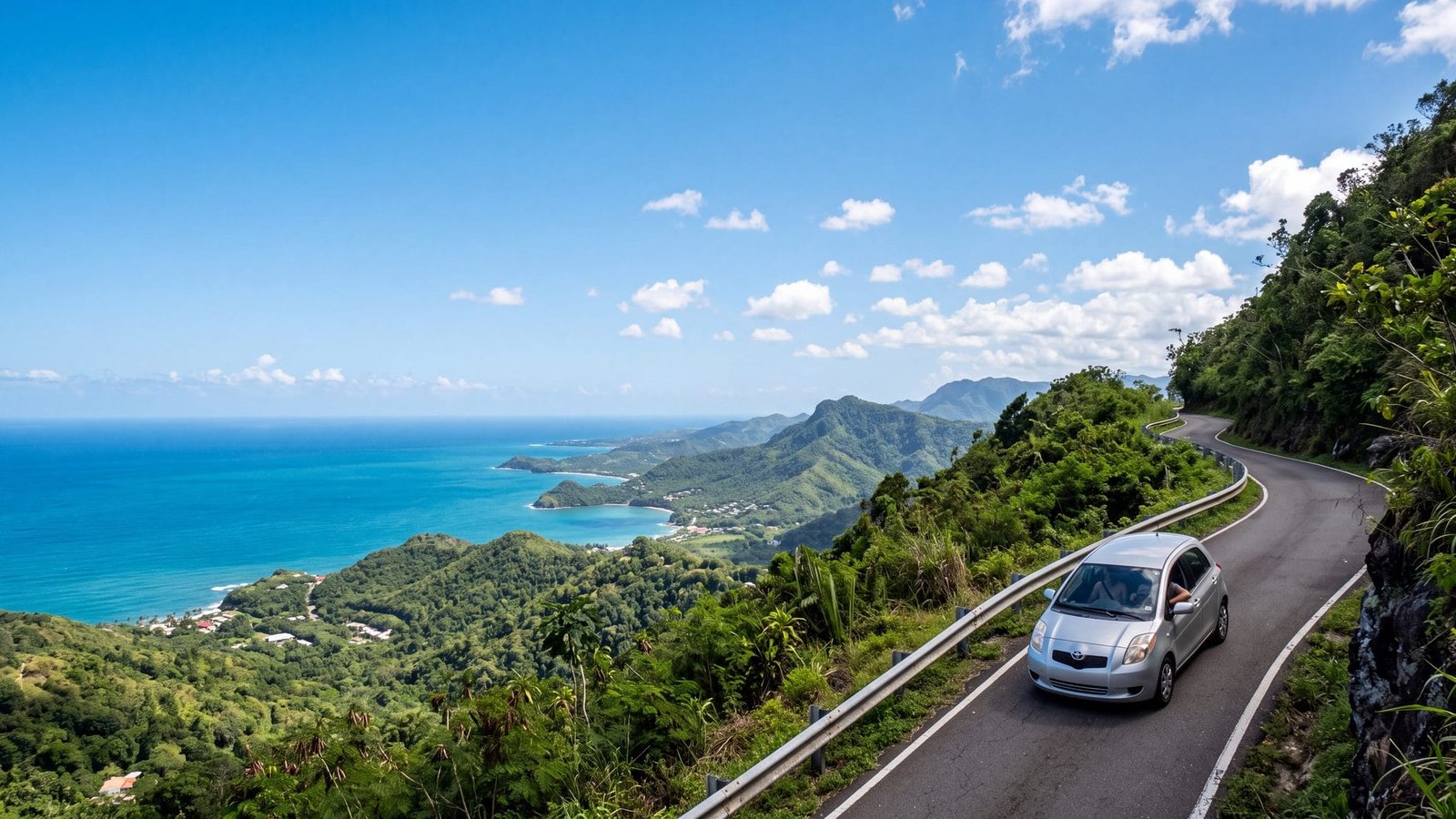 A small rental car on a winding green mountain road with the Caribbean sea far below — Puerto Rico