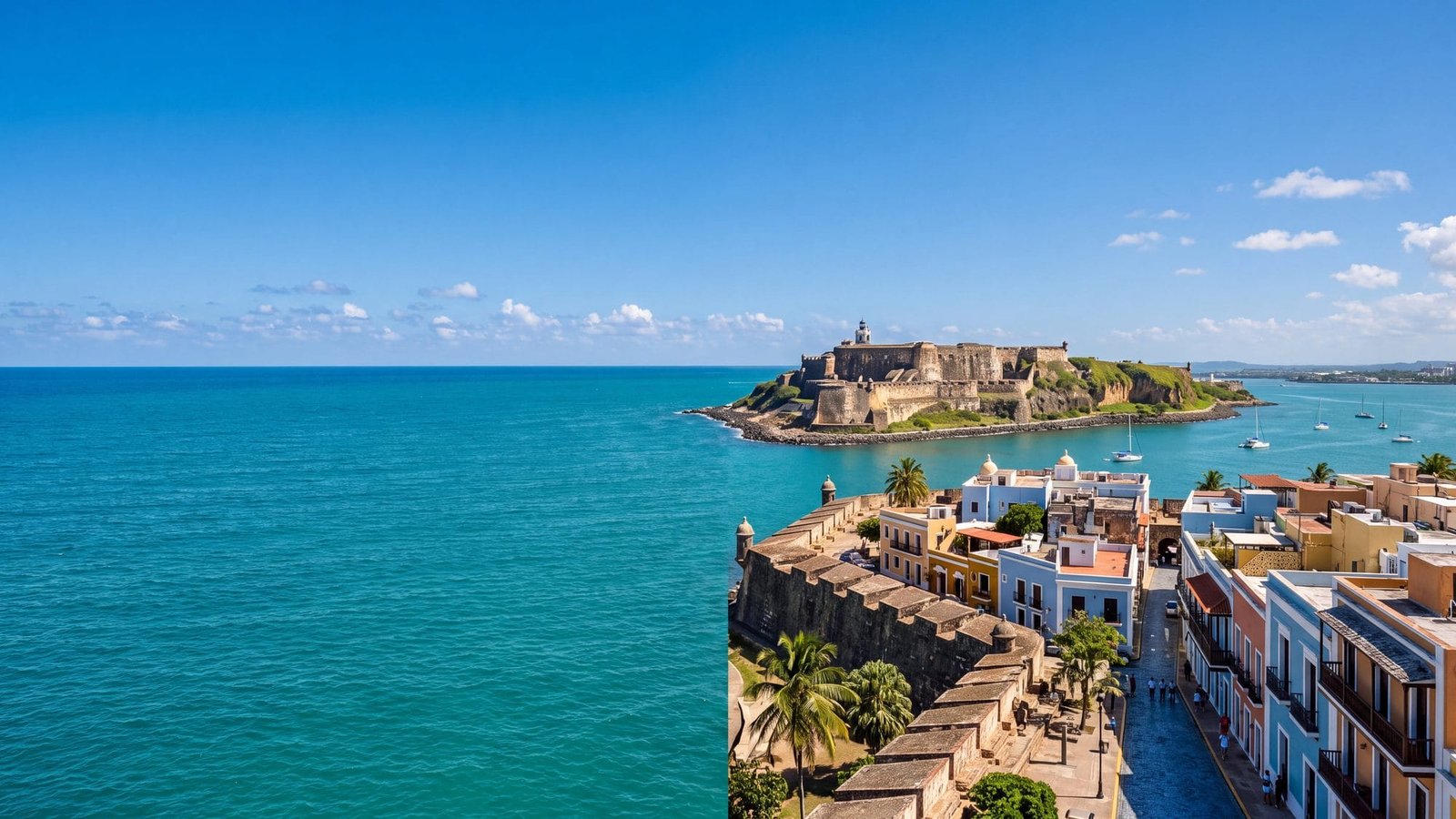 A slightly elevated view over the old walled city at the mouth of the bay with the fort on its headland and the turquoise sea — Puerto Rico