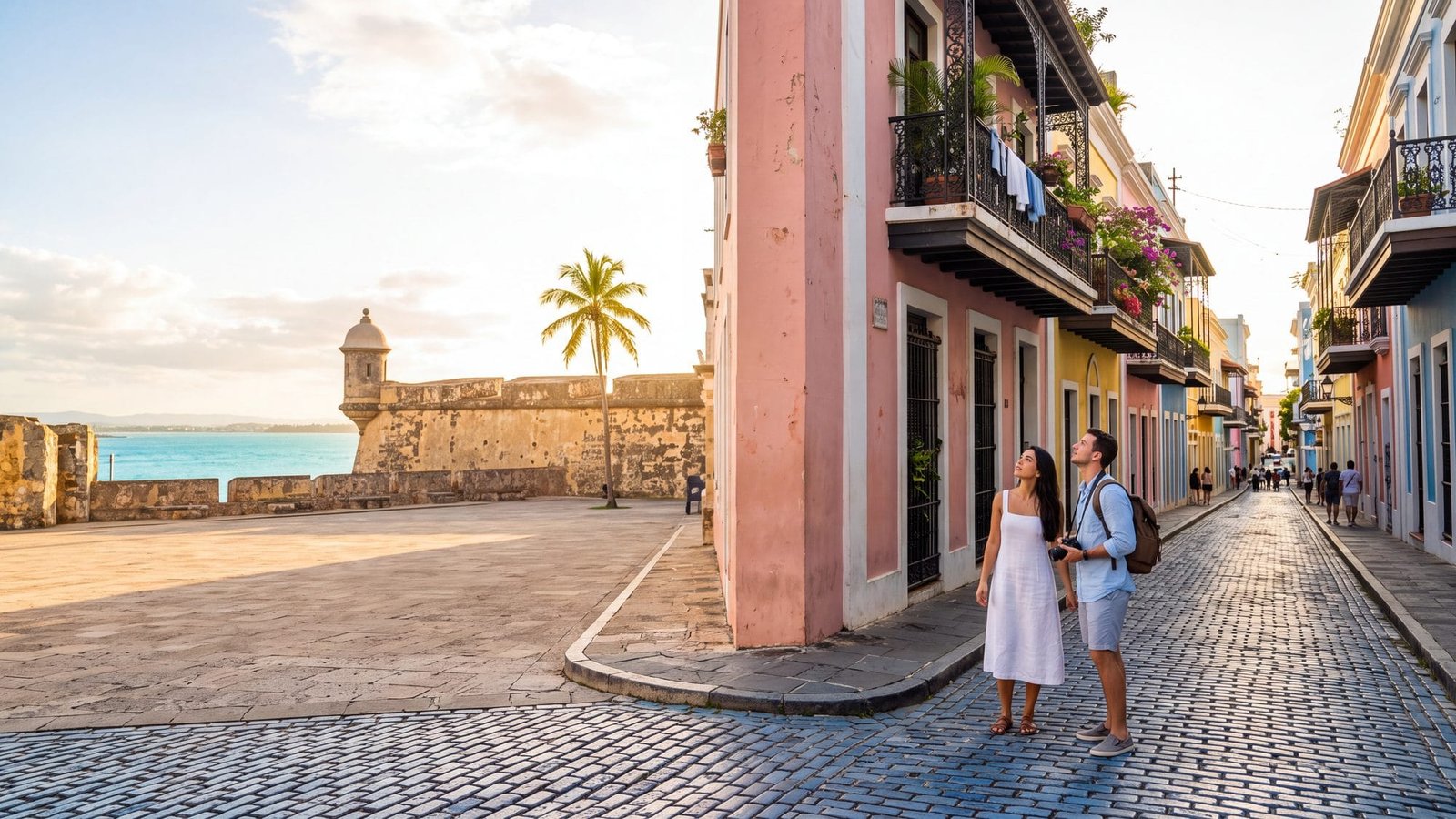 A pastel cobblestone street in Old San Juan, a couple at a corner looking up at the balconies