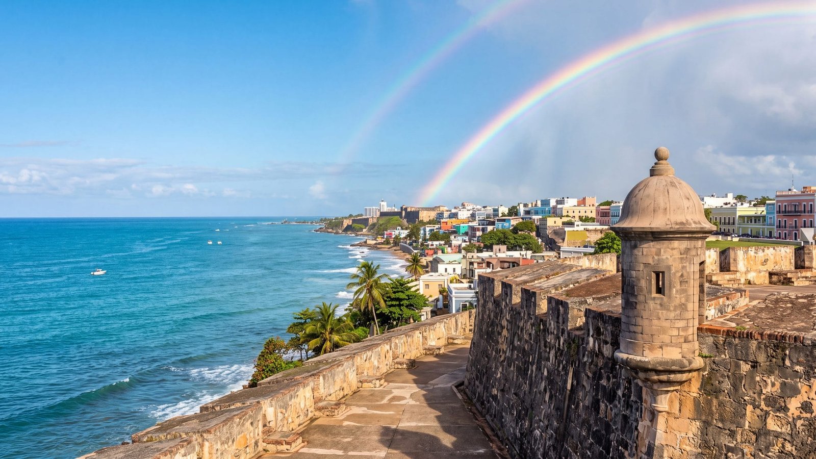 A brief tropical rain shower passing over the old walled city while sun breaks through, a rainbow over the sea — Puerto Rico