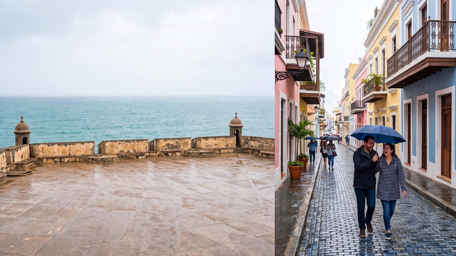 A pastel cobblestone street in Old San Juan, a couple under one umbrella