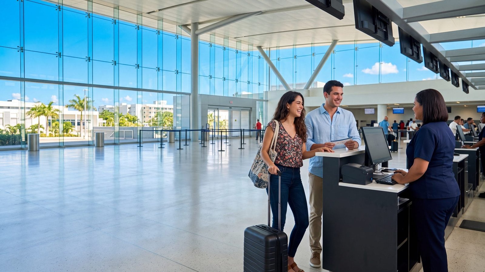 A couple at a check-in counter in a bright airport hall with a small suitcase — Puerto Rico