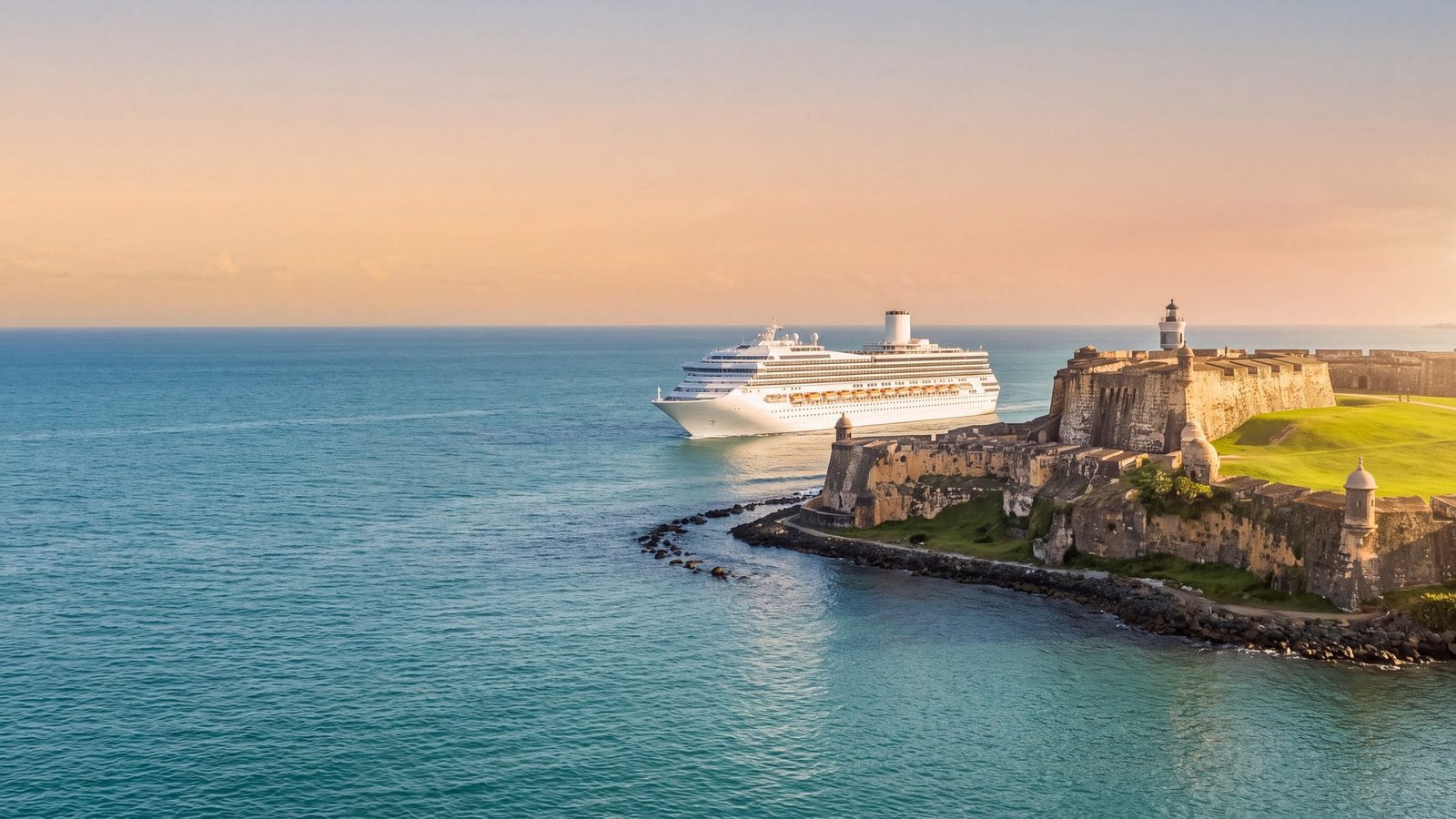 A cruise ship sailing into the bay past El Morro fort — Puerto Rico