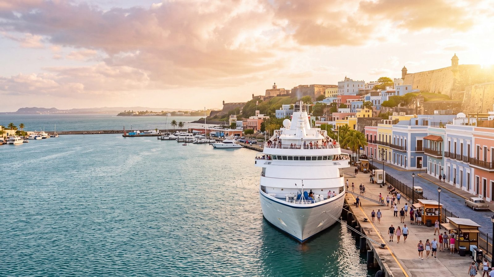A sleek smaller white cruise ship docked at the old-town pier with the pastel city behind — Puerto Rico
