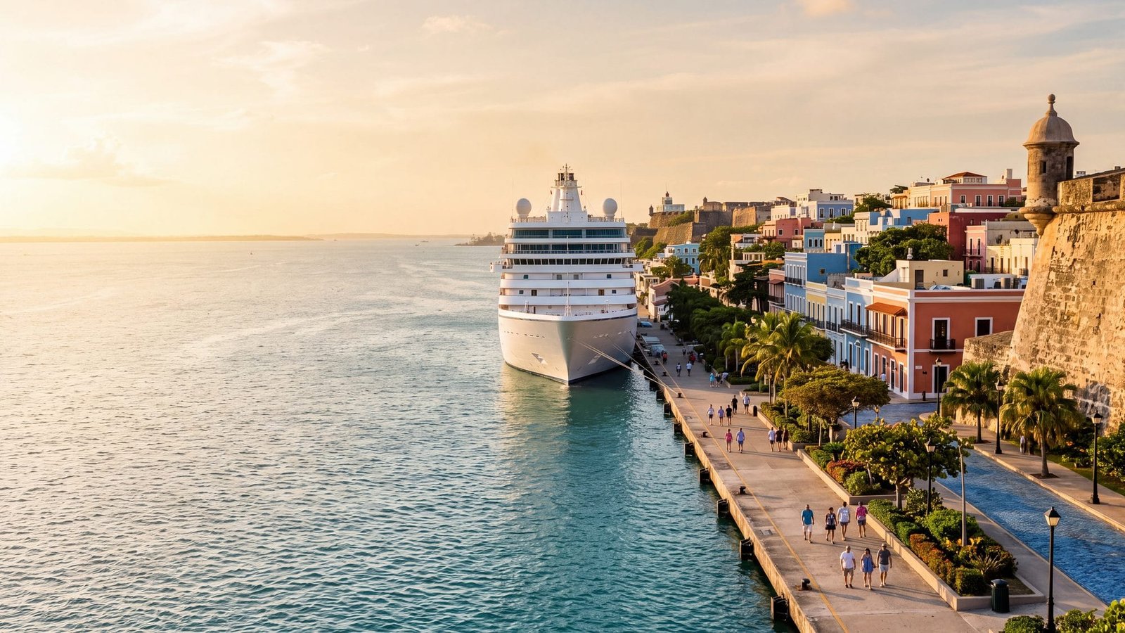 A cruise ship docked at the old-town cruise pier with a tree-lined plaza and pastel colonial buildings behind — Puerto Rico