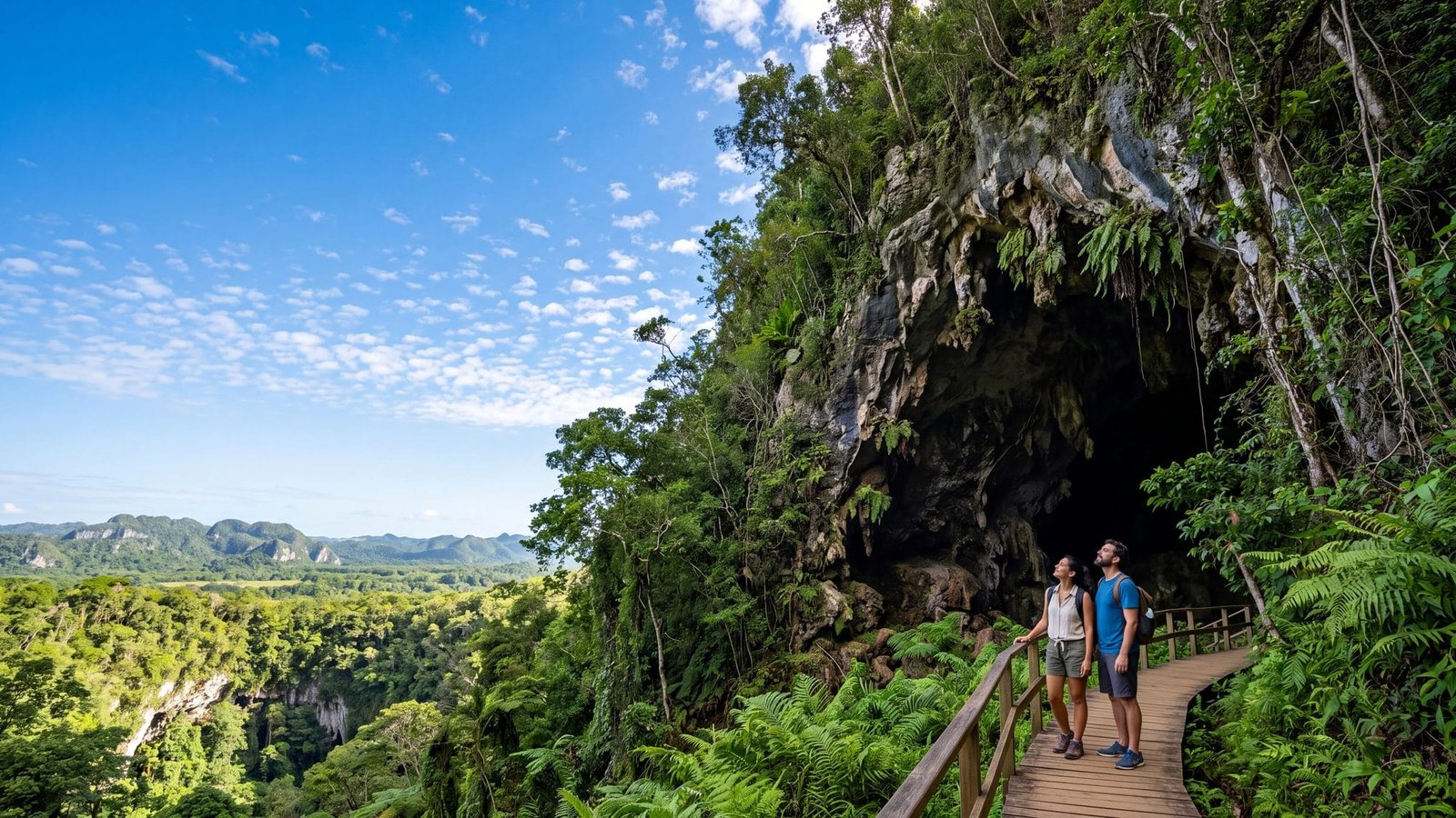 A huge cave mouth in a green karst hillside with ferns and a walkway, a couple looking up — Puerto Rico