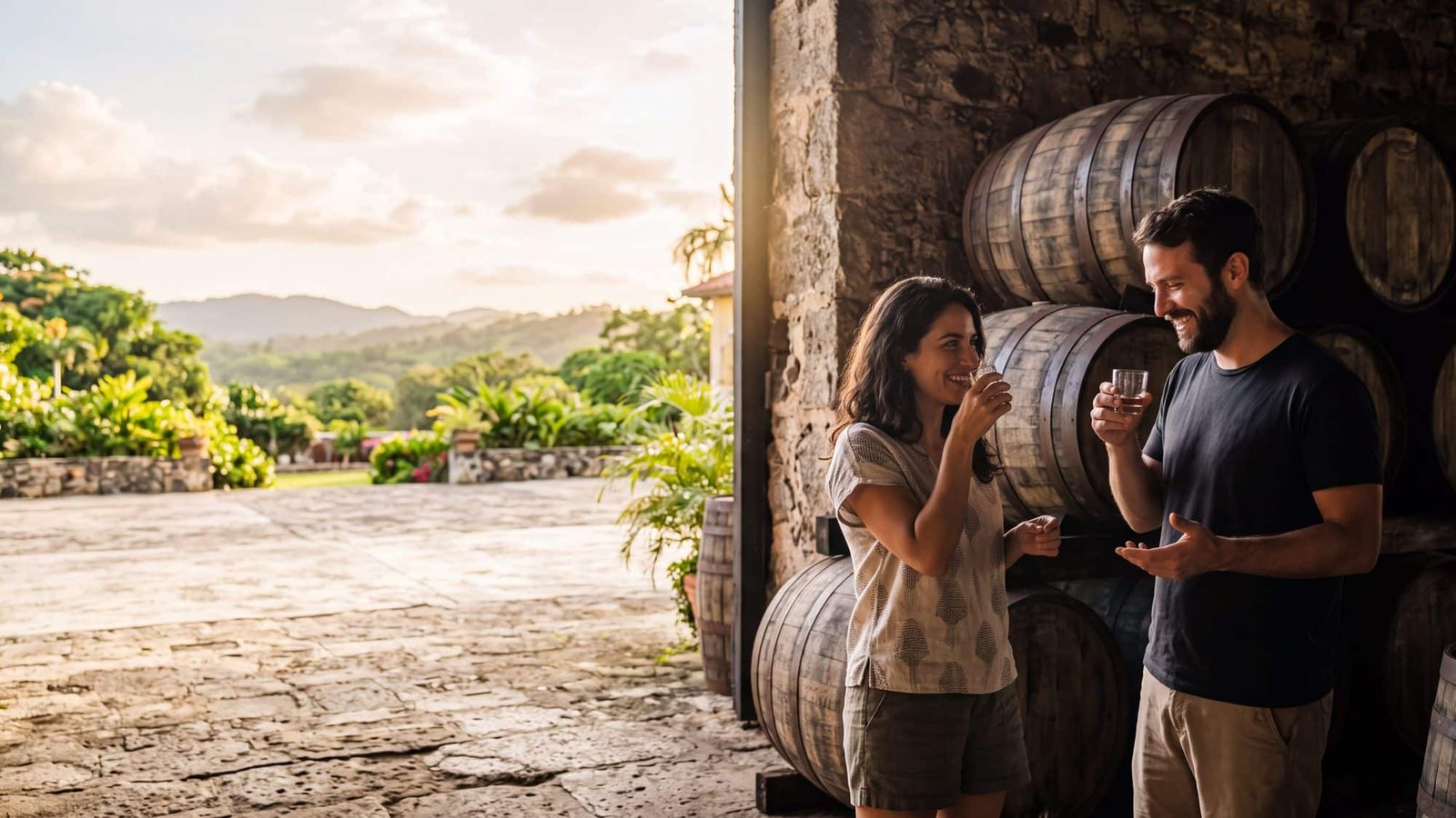 Old oak rum barrels stacked in a shaded stone hacienda warehouse with a couple tasting from small glasses — Puerto Rico