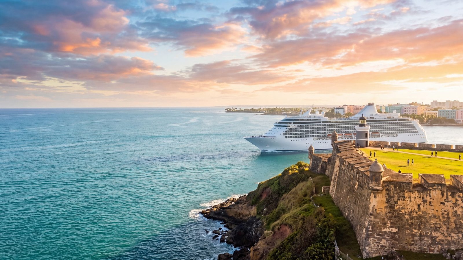 A cruise ship sailing into the bay past El Morro fort, at first light — Puerto Rico